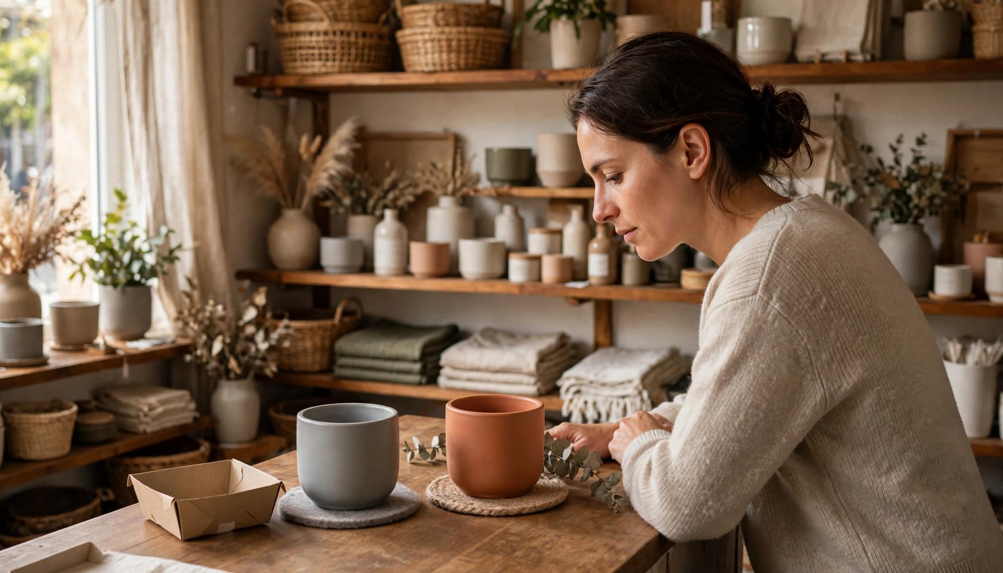 One shopper compares two product samples on a store counter.