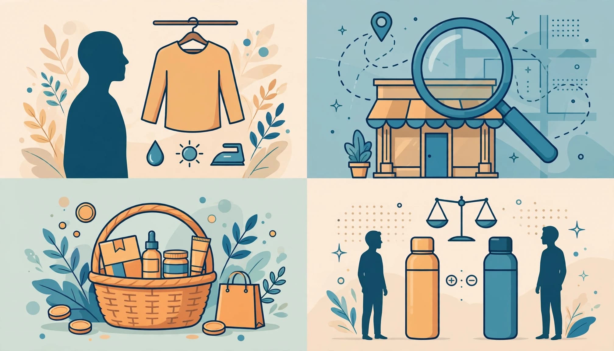 Four illustrations representing different shopping search intentions.