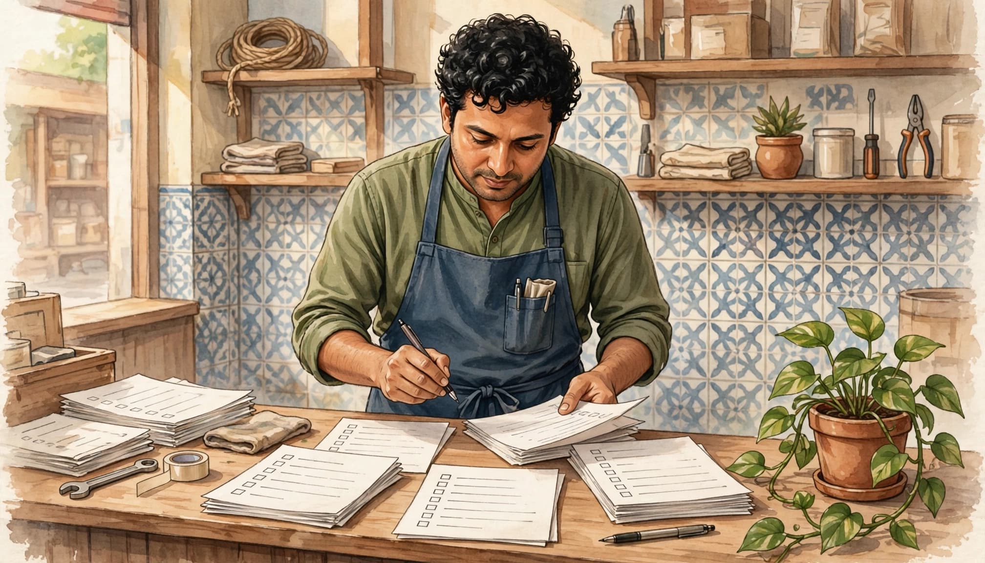 An illustrated shop owner in a green shirt and blue apron organizes checklists at a wooden counter.