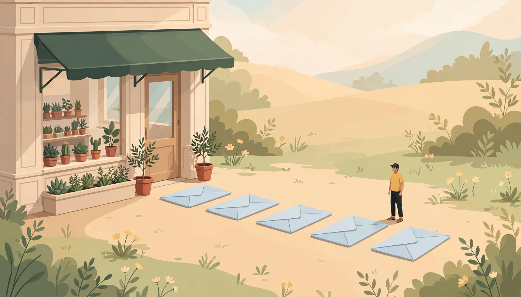 A small figure stands outside a plant storefront next to a path of five large envelopes.