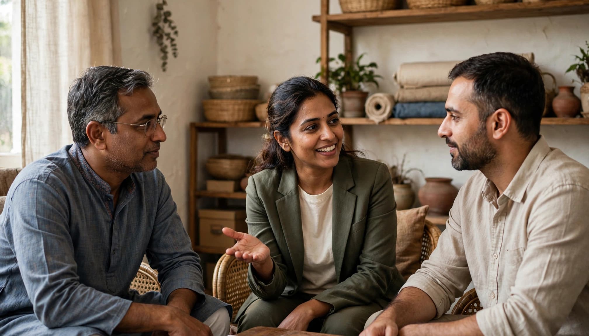 A business owner introduces a shop owner to a marketing consultant in a bright office.