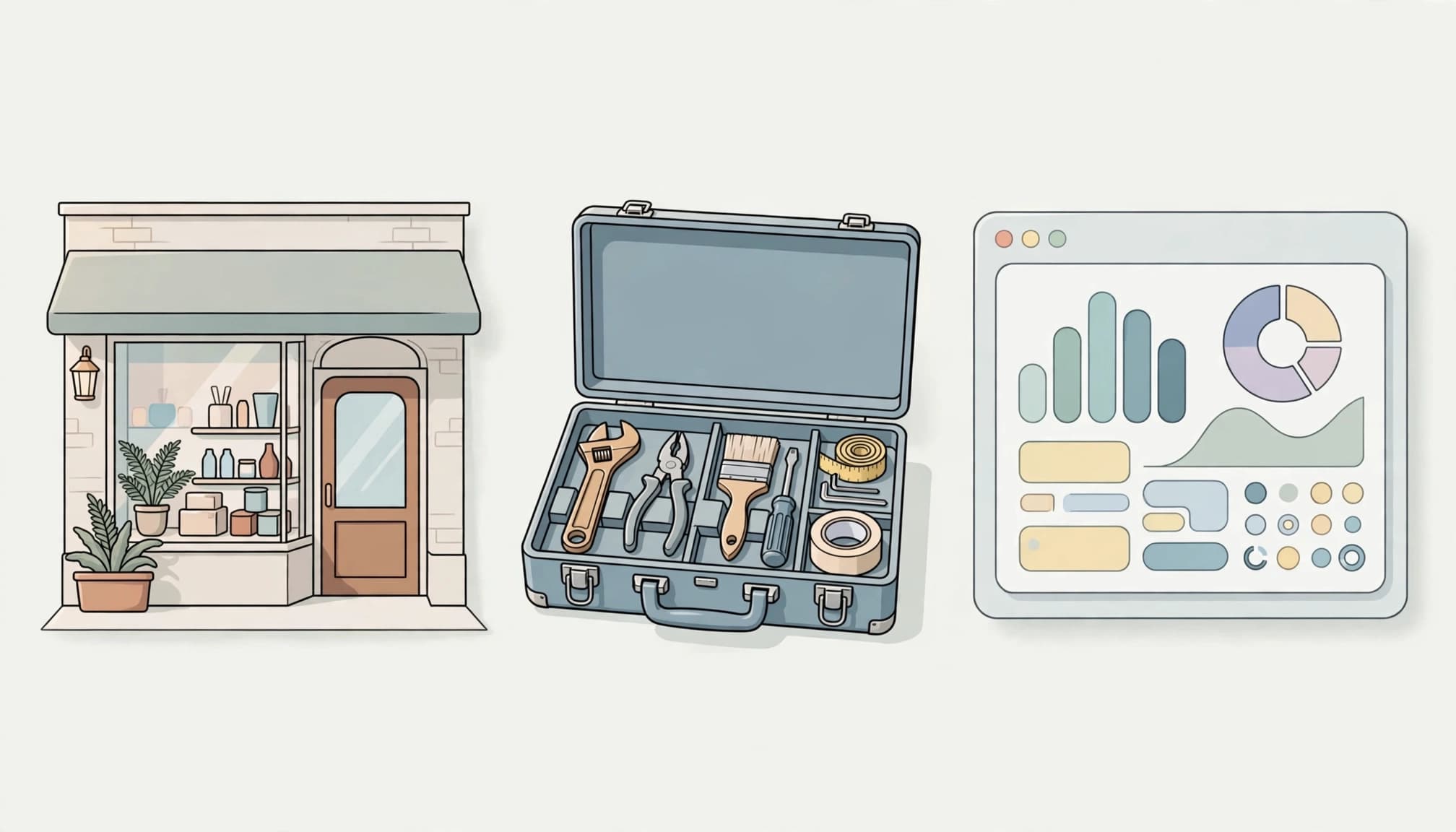 Illustration of a storefront, a toolbox, and a software dashboard.