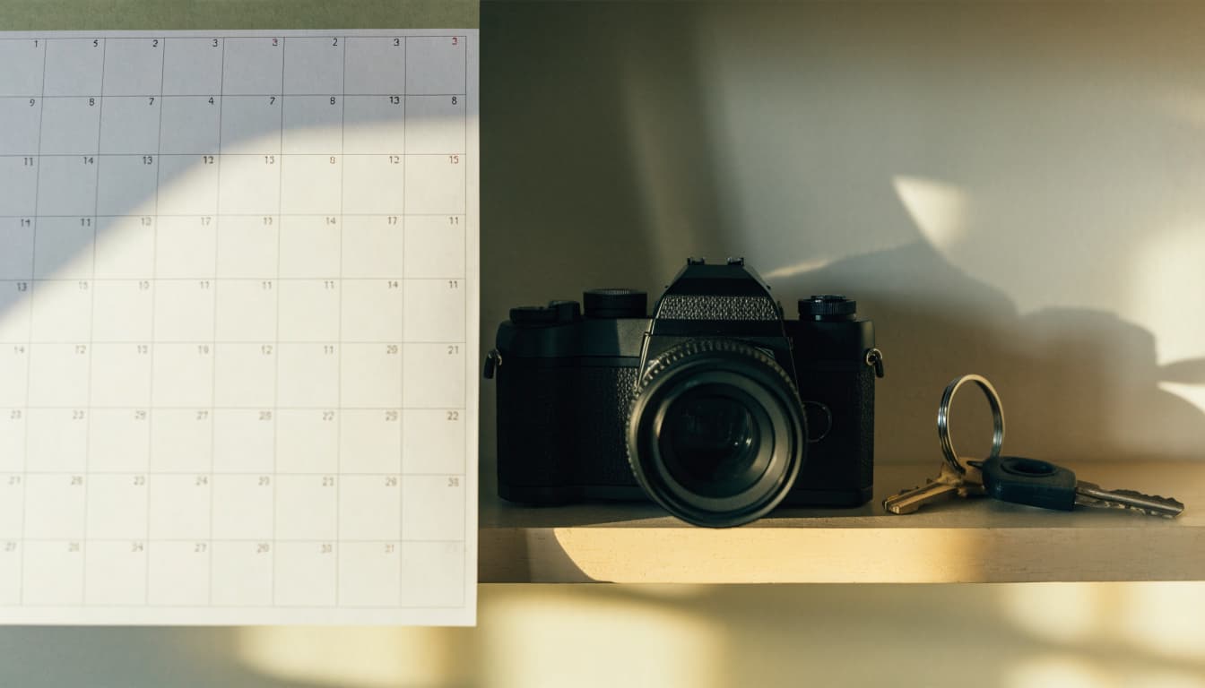 A blank calendar hangs above a shelf with a camera and van keys.
