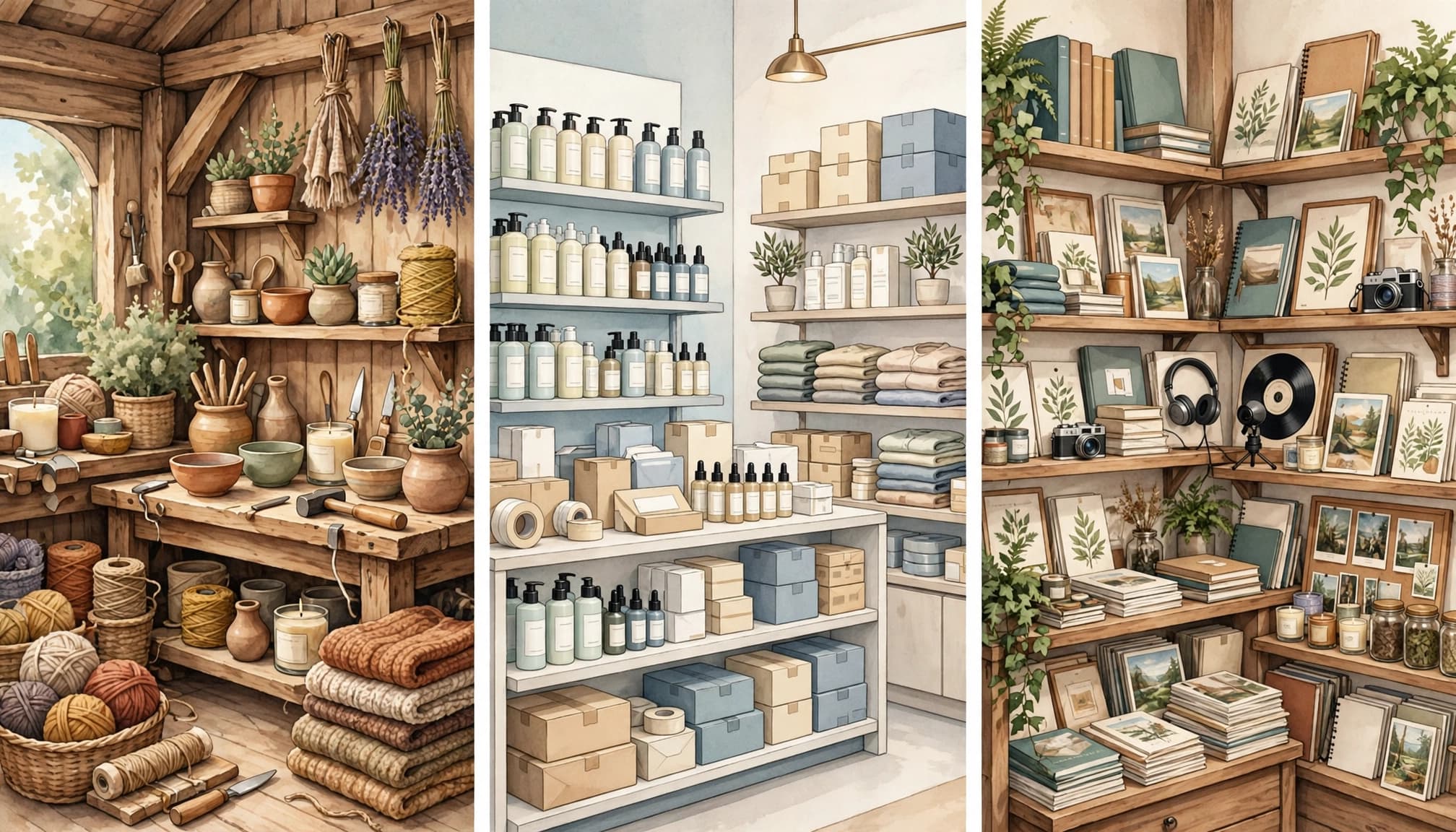 Three miniature storefront vignettes showing a rustic craft shop, a packaged goods warehouse, and a bookstore.