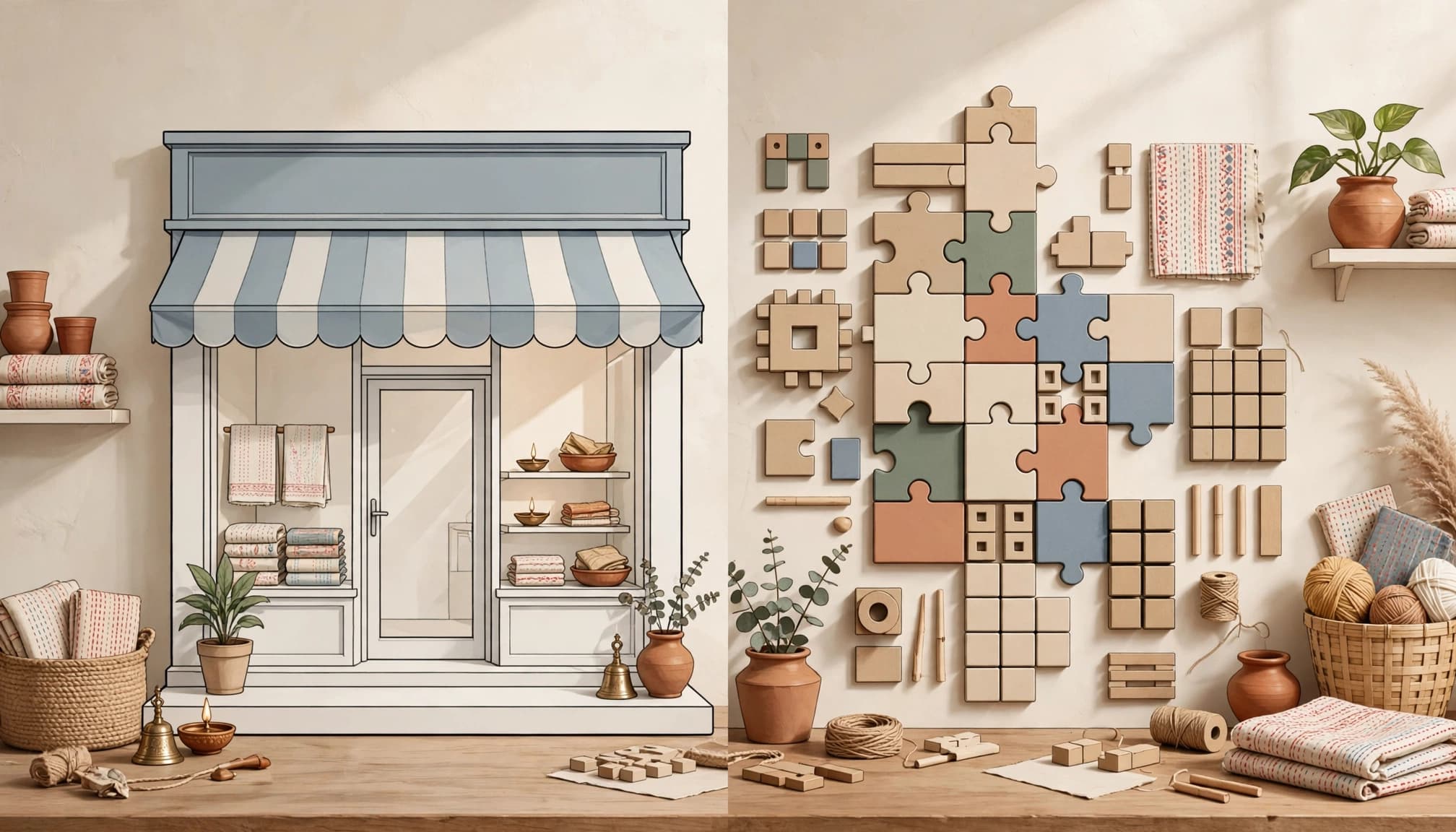 Split-screen still life showing a store storefront on one side and puzzle pieces and craft items on the other.