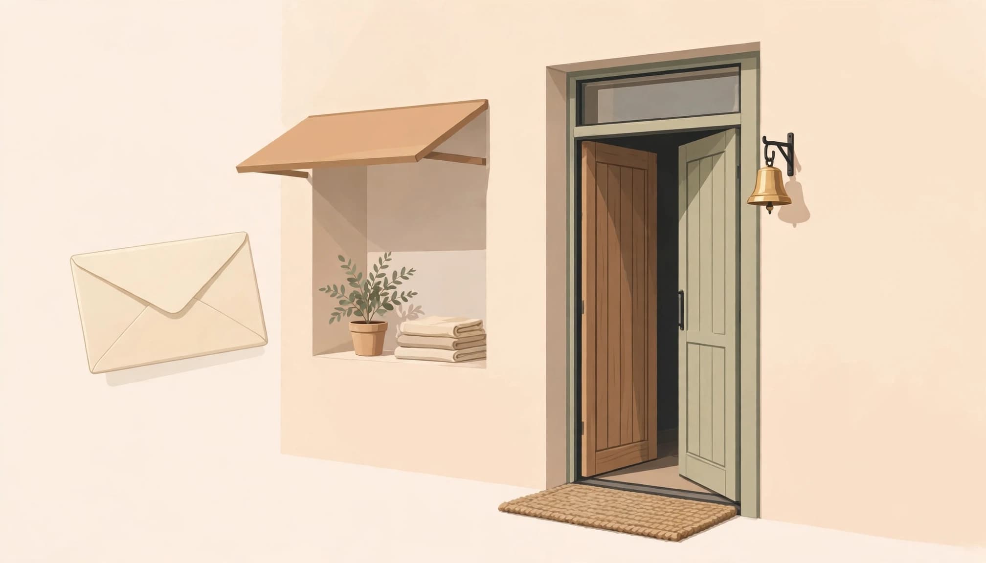 An illustration of an envelope floating beside a shop doorway with a bell and potted plant.