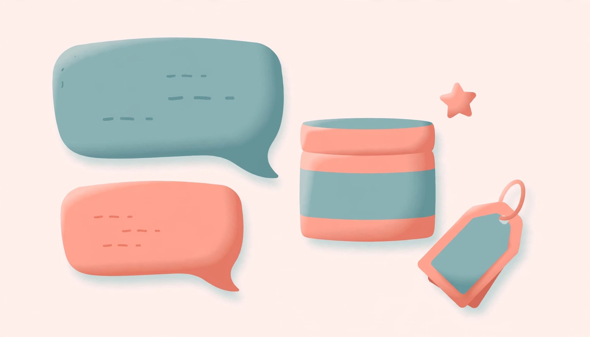 3D illustration of two speech bubbles, a product jar, a star, and a price tag on a pale background.