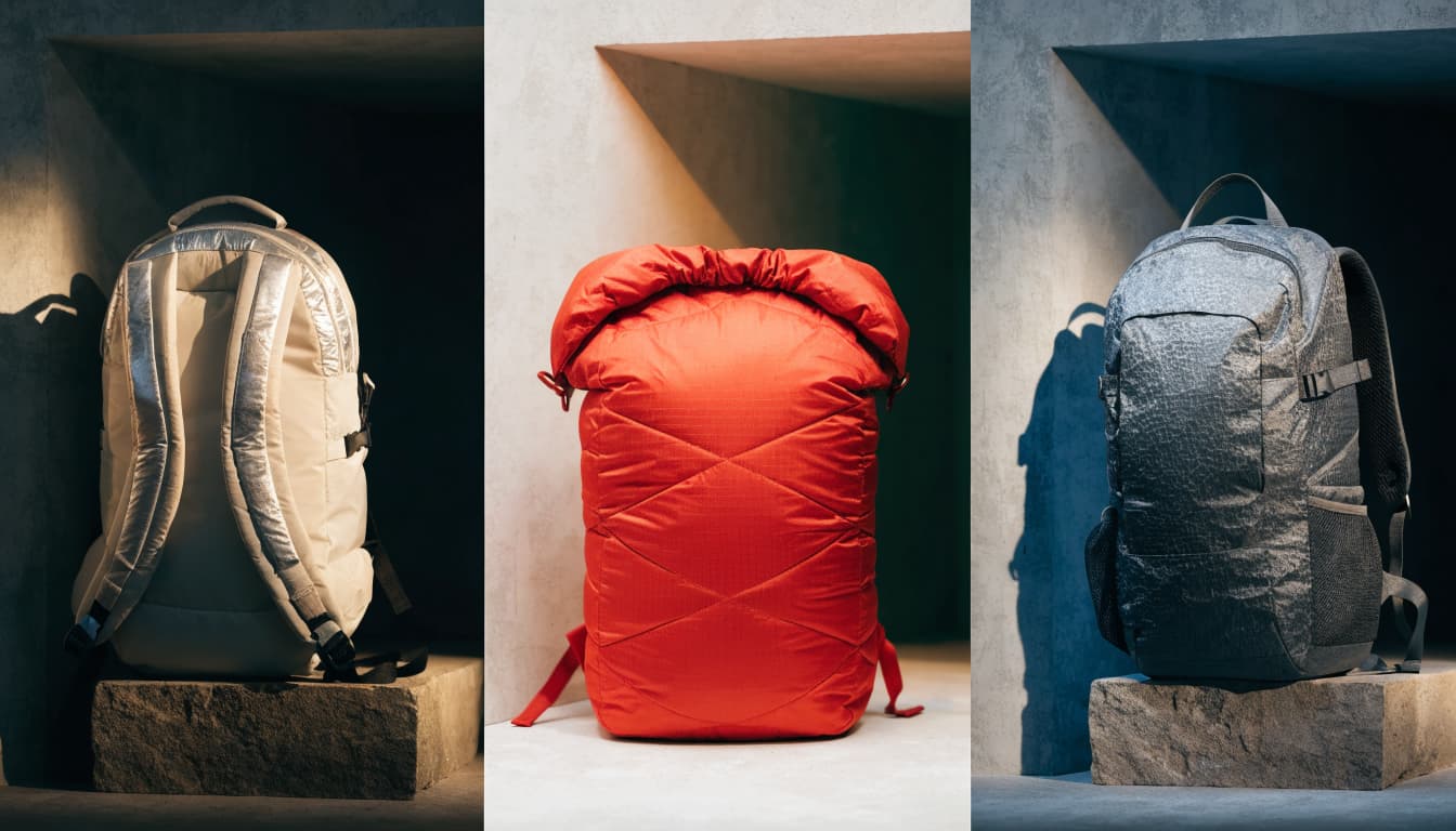 Three differently colored backpacks displayed in separate showroom alcoves.