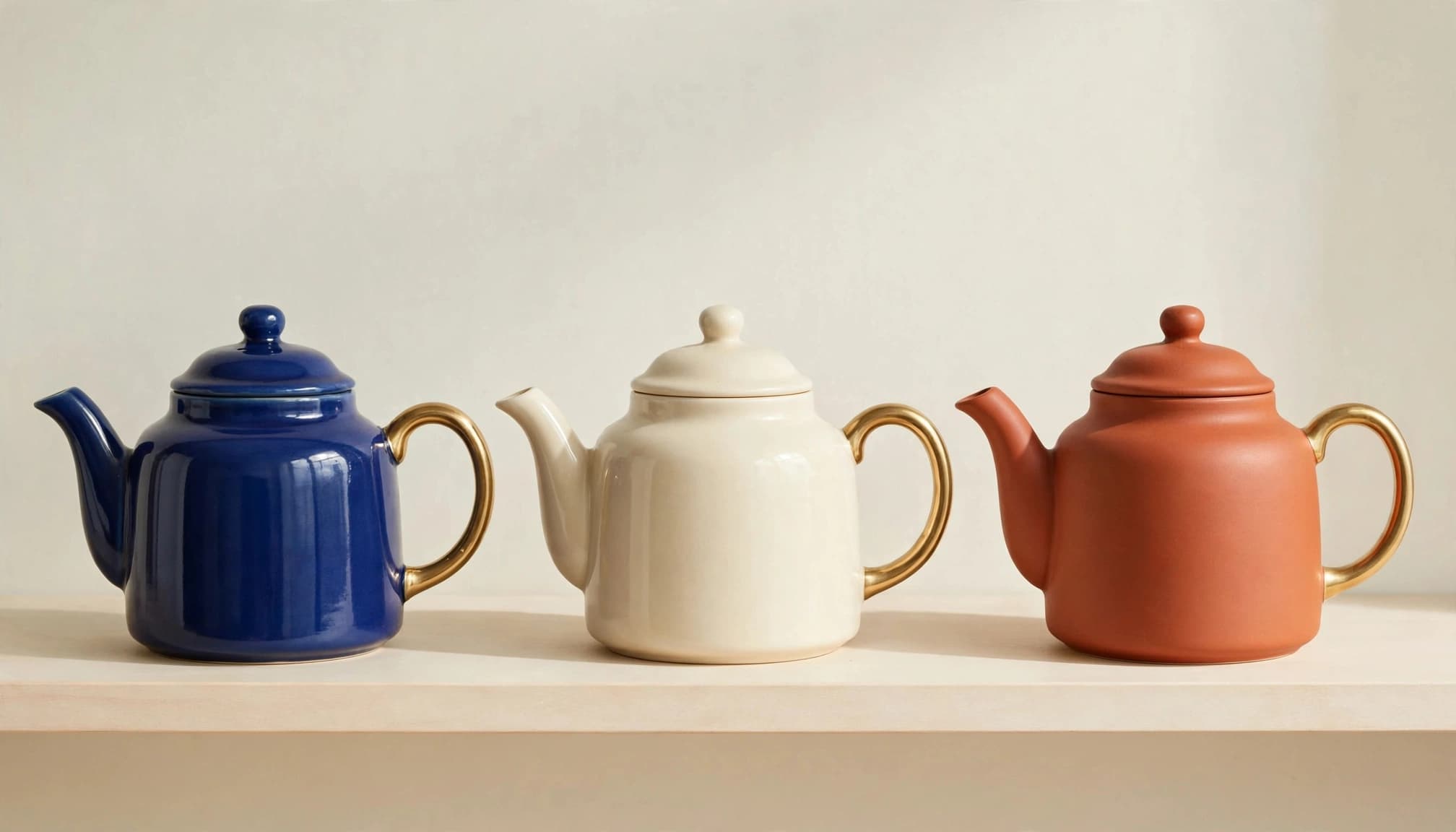 Matching teapots in three different colours.
