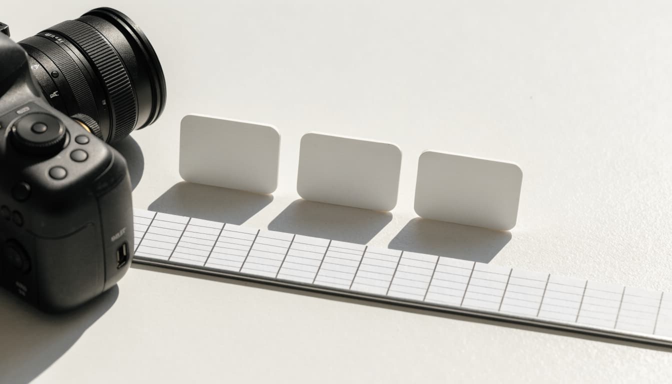 A camera, three blank tags, and a simple timeline strip on a tabletop.