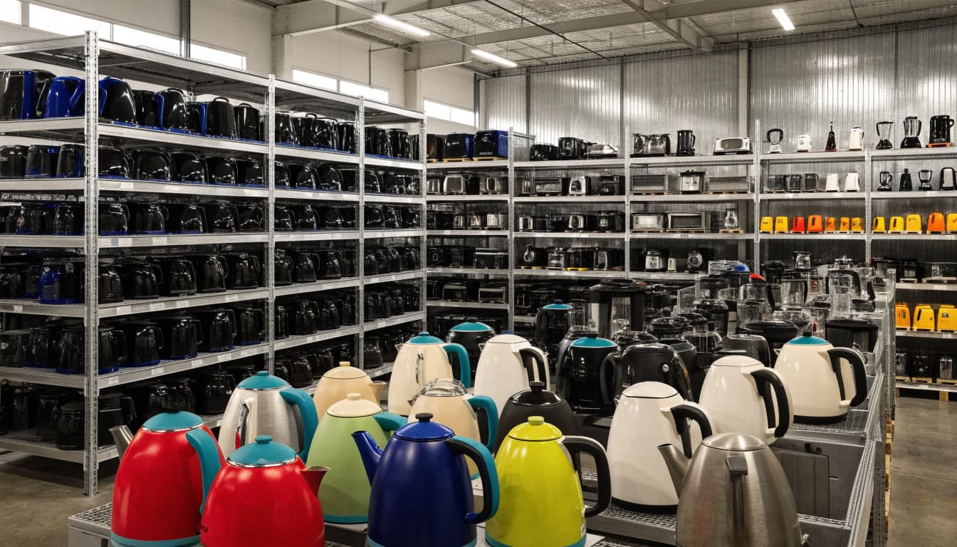 Colorful kettles sit before orderly shelves of household appliances.