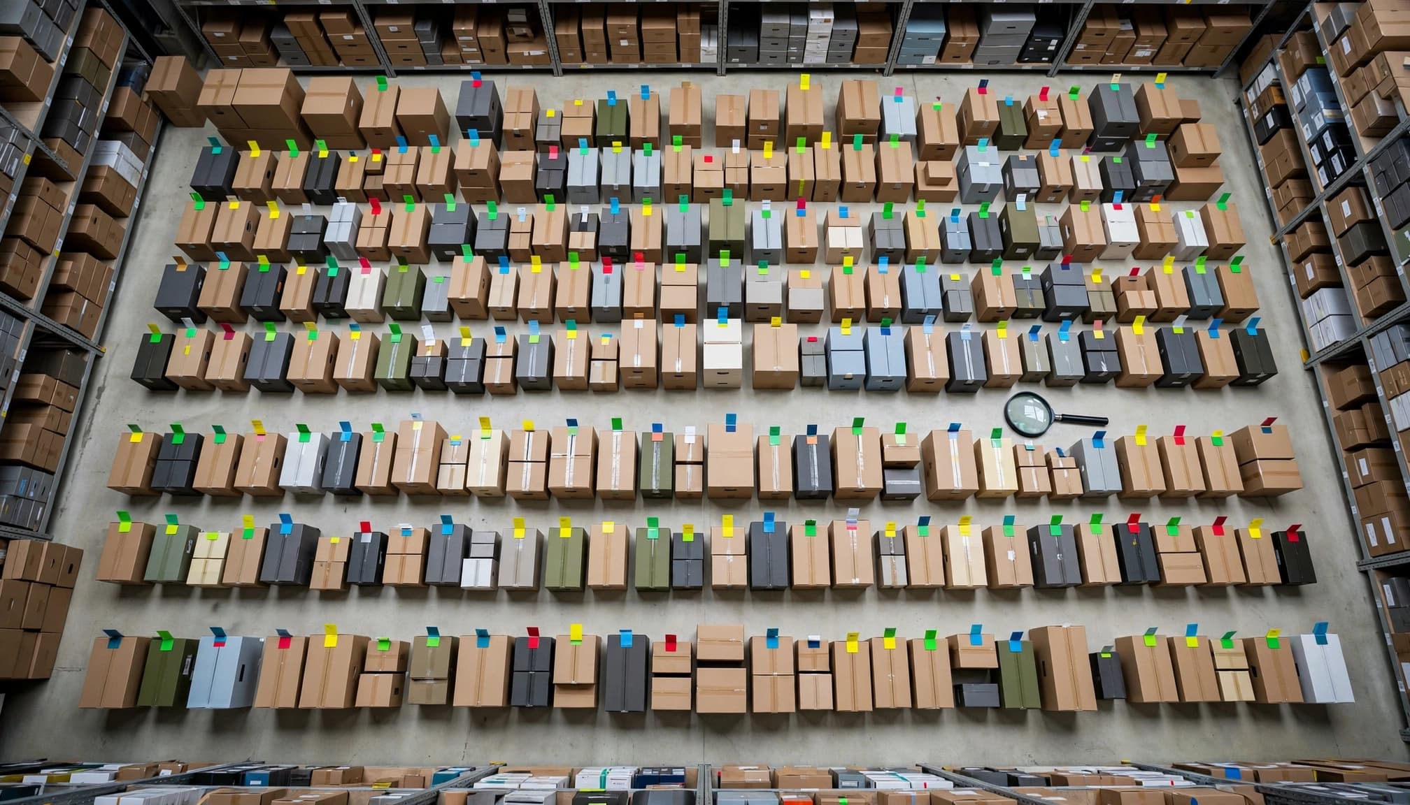 Rows of product boxes with colored tabs and a magnifier in a warehouse.