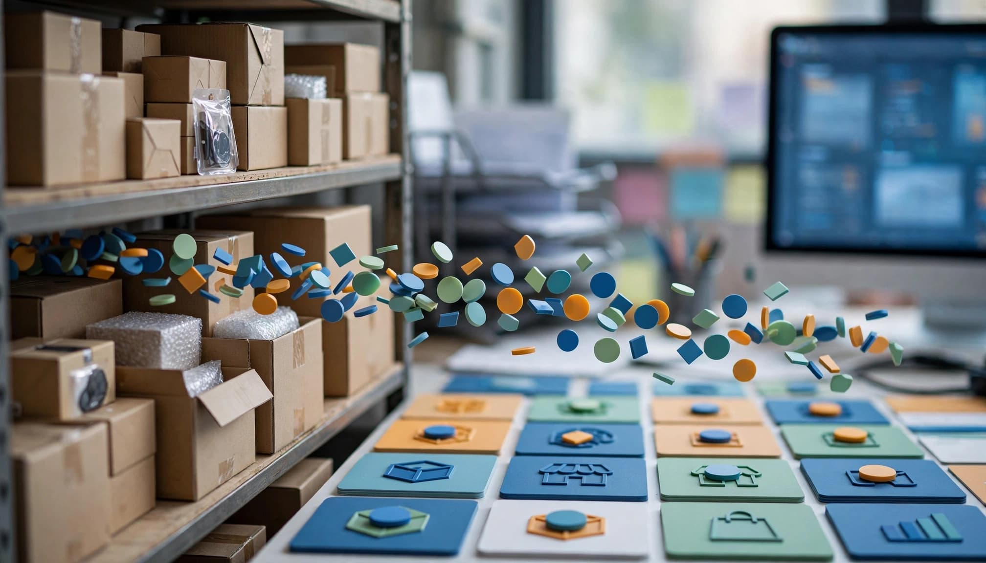 Colored tokens connect warehouse boxes to product cards and a blurred monitor.