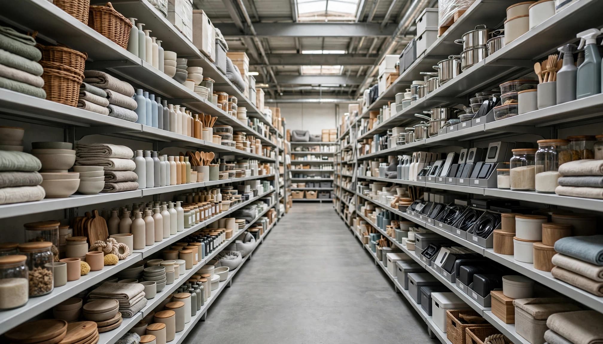 Rows of varied goods recede along a bright warehouse aisle.