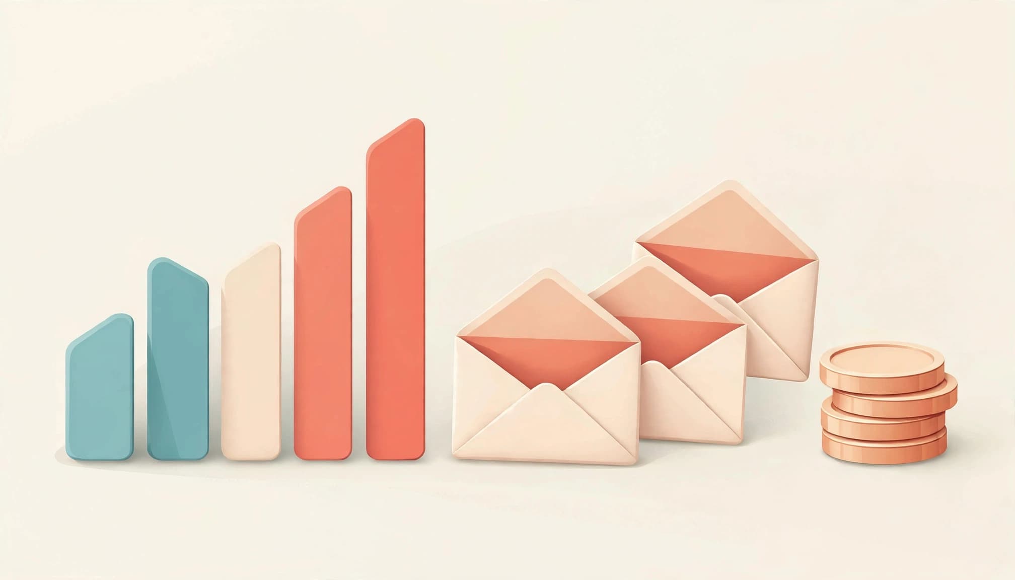 A 3D editorial illustration of rising bar charts, open envelopes, and a stack of coins.