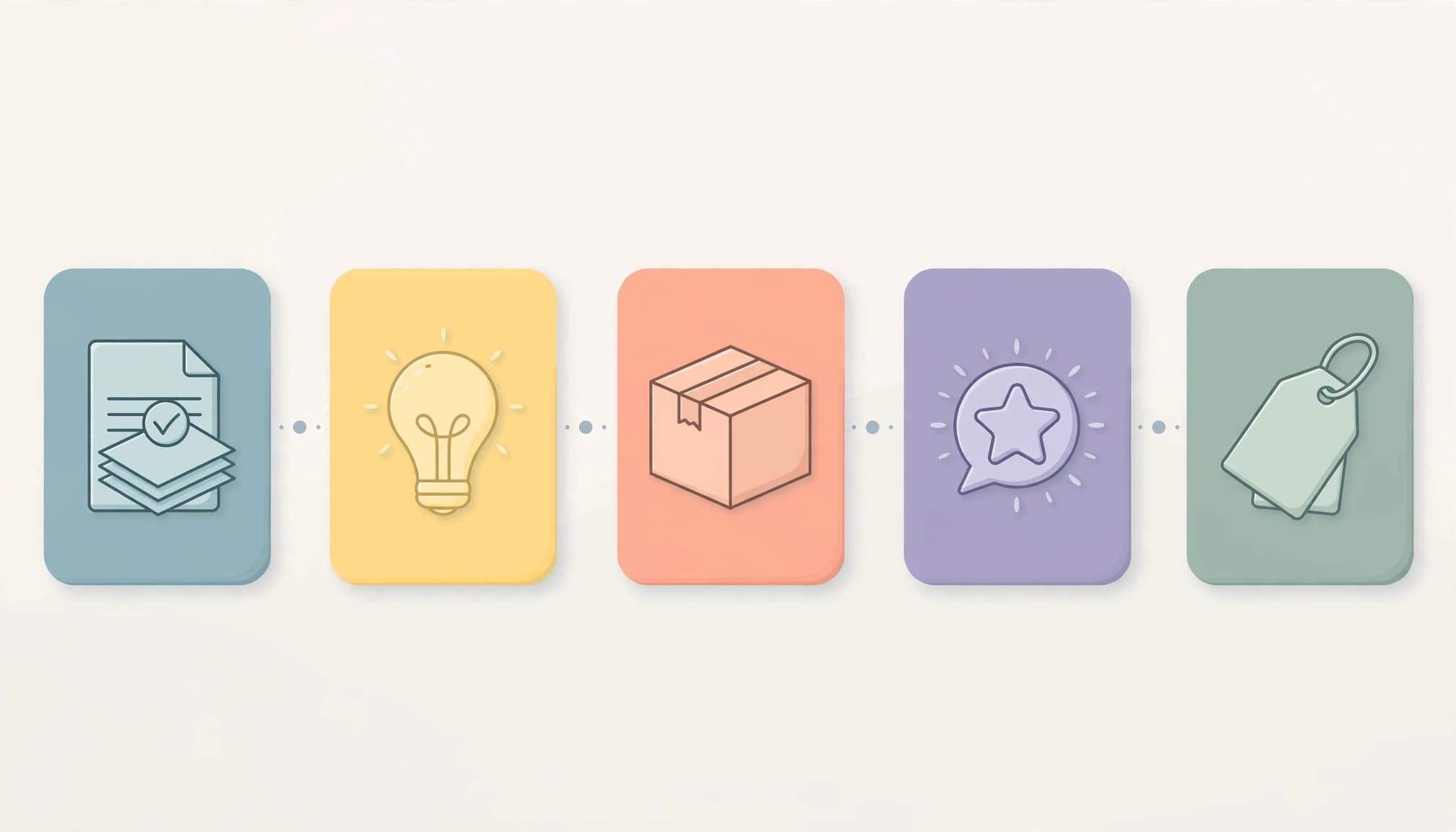 Five colorful cards arranged in a row display icons representing a guide, lightbulb, box, star, and tag.
