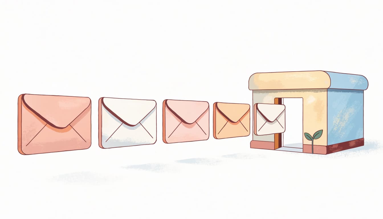 An illustration of five envelope cards flowing into a small storefront with a tiny sprouting plant.