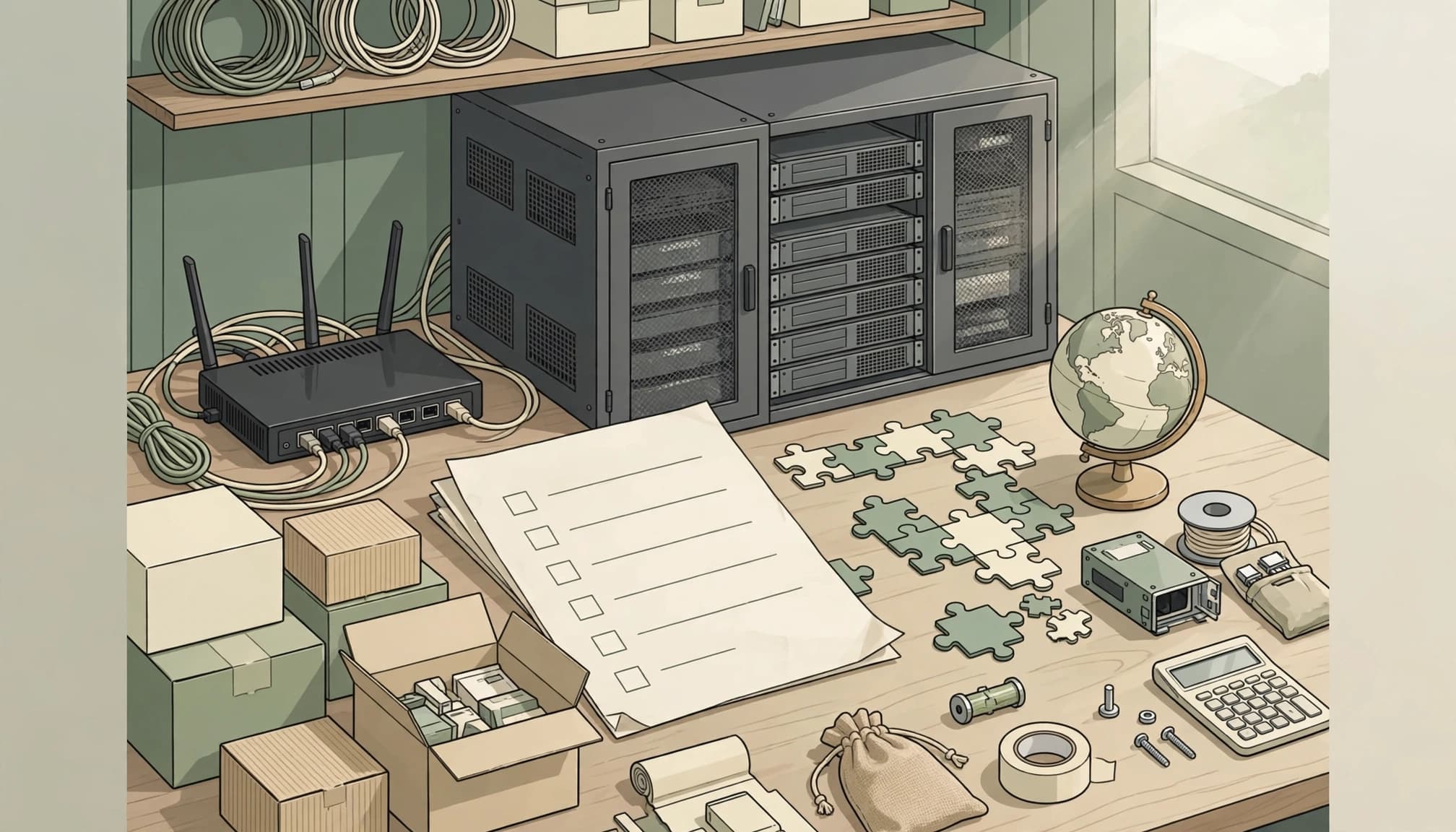 A tidy workshop table with a router, server cabinet, puzzle pieces, and a checklist.