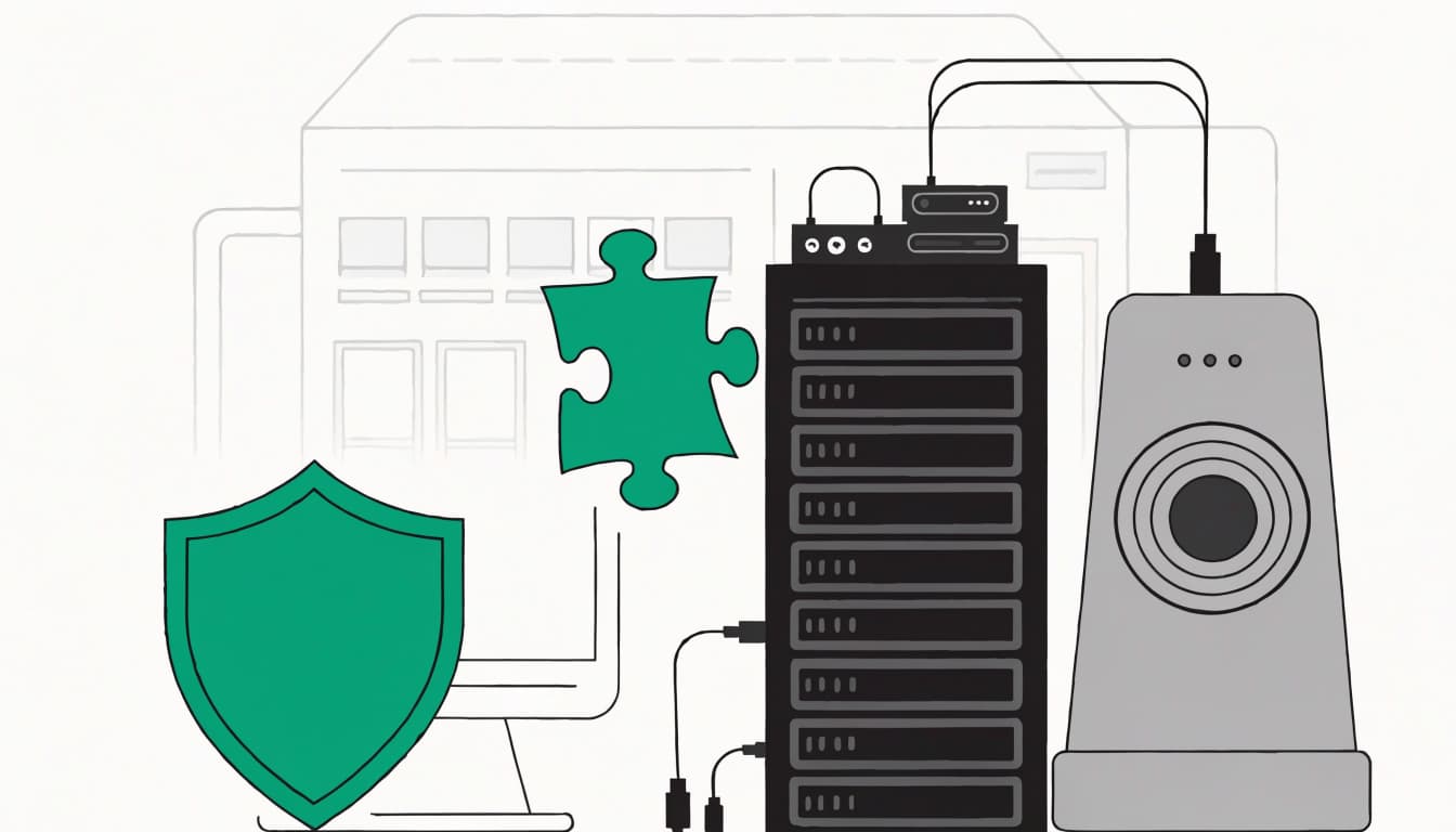 A vector illustration of server infrastructure including a server rack, backup drive, shield, and puzzle piece.