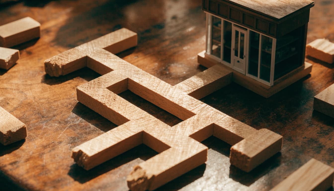 Wooden branches form a decision tree leading to a miniature open storefront.