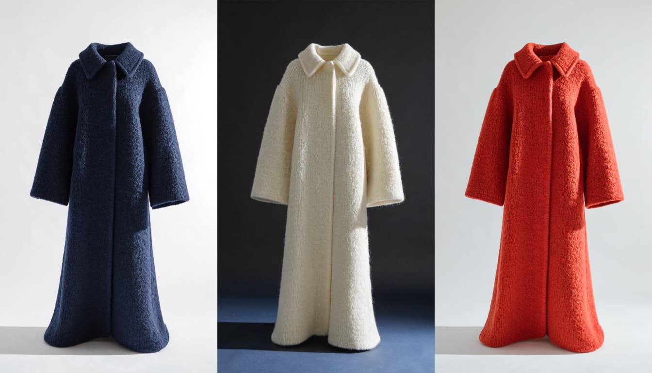 The same wool coat appears in three colors against separate studio backdrops.