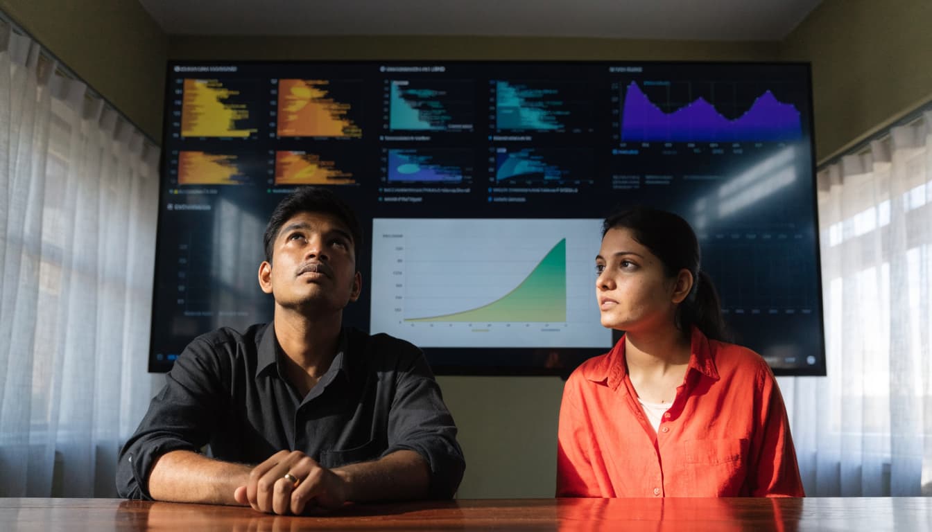 A business owner and analyst review charts on a wall display beside a printed curve.