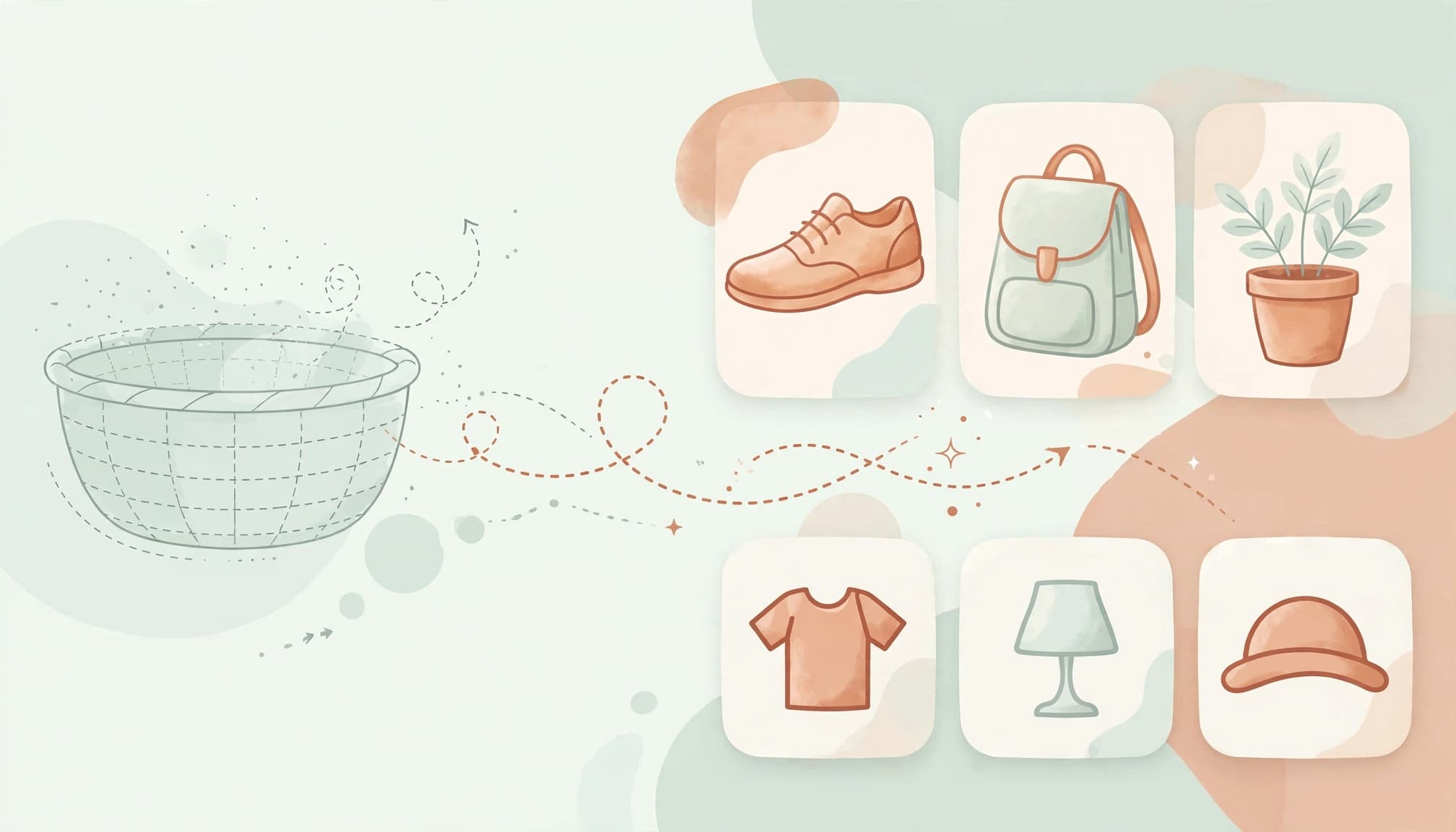 An empty basket with dotted arrows flowing towards six product category tiles showing a shoe, backpack, plant, shirt, lamp, and hat.